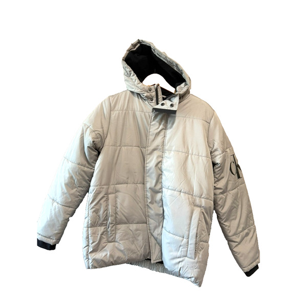 NWT Calvin Klein Jean Gray Puffer Zip Hoodie fleece lined Jacket large L-14/16 - Picture 3 of 12